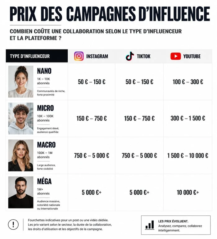 Infographie montrant les tarifs moyens pratiqués par une agence influenceur prix selon le type de créateur et la plateforme.