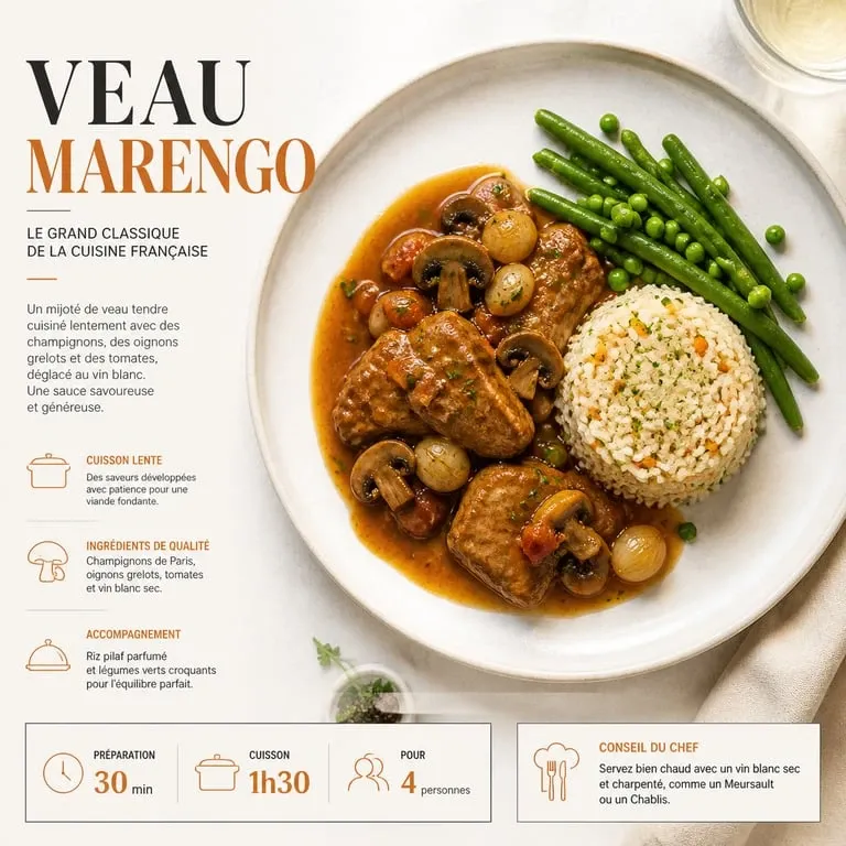 Assiette de veau Marengo avec accompagnement de riz pilaf et légumes