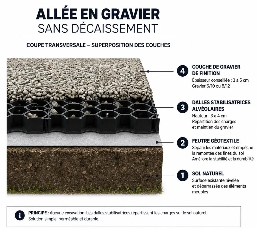Schéma de pose de gravier sans décaissement avec géotextile et dalles stabilisatrices