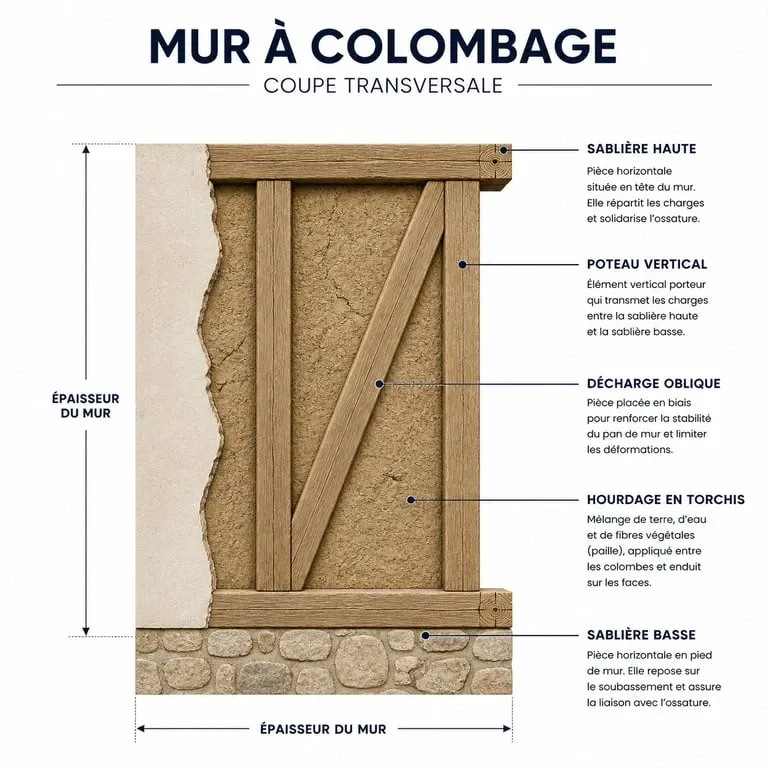 Schéma explicatif de l'anatomie d'un mur à colombage avec ses éléments structurels