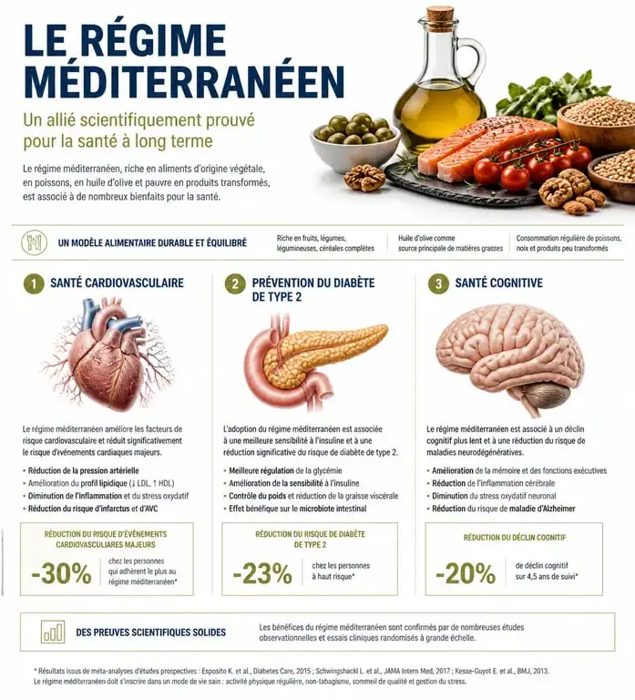 Infographie des bienfaits santé du régime méditerranéen sur le système cardiovasculaire et la prévention du diabète