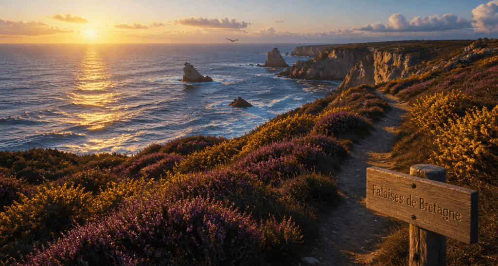falaise en bretagne vue mer coucher de soleil