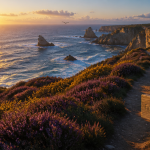 falaise en bretagne vue mer coucher de soleil