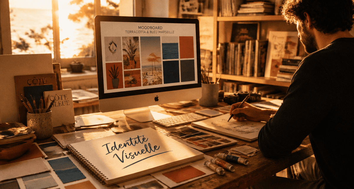 graphiste identité visuelle travaillant en studio