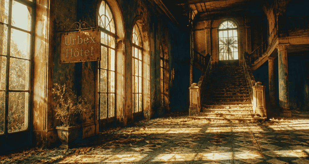 Hall principal d'hôtel abandonné avec escalier et lumière dorée