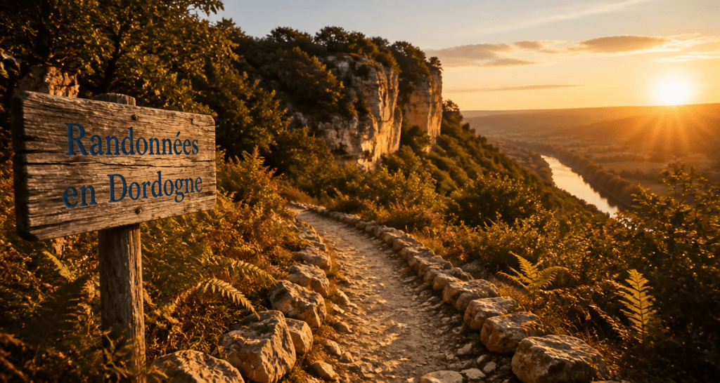 Les plus belles randonnées en Dordogne sentier au soleil couchant