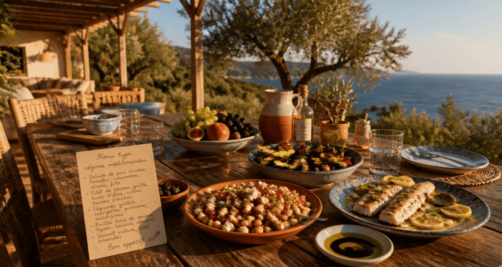 Menu type regime mediterraneen sur table extérieure avec plats méditerranéens