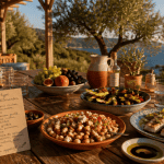 Menu type regime mediterraneen sur table extérieure avec plats méditerranéens