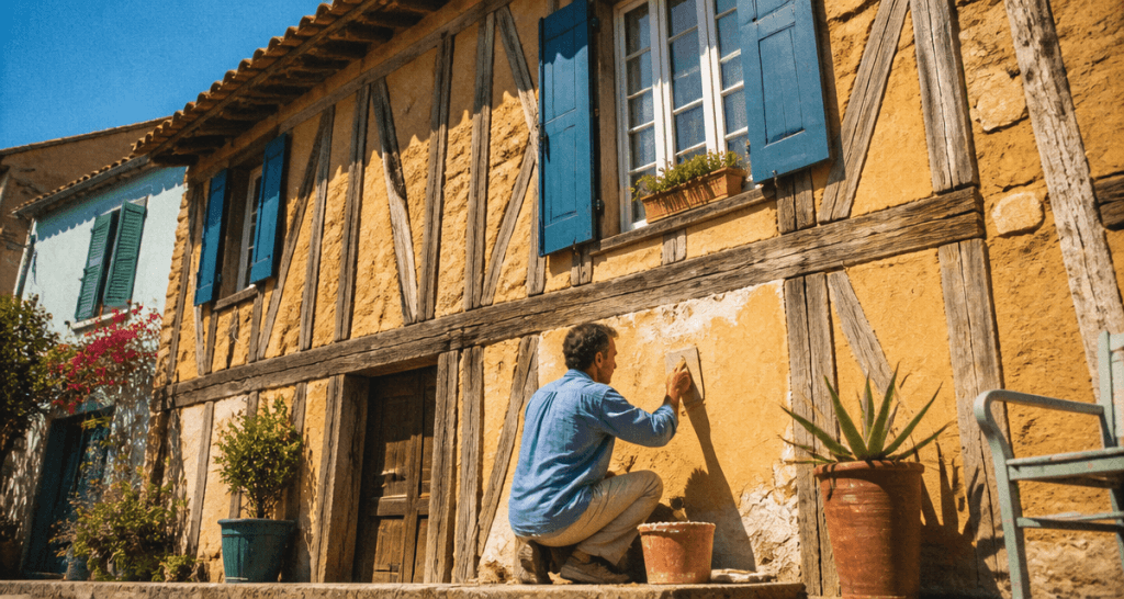 artisan rénovant mur colombage façade bois