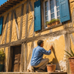 artisan rénovant mur colombage façade bois