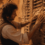 Artisan appliquant du torchis sur mur en torchis