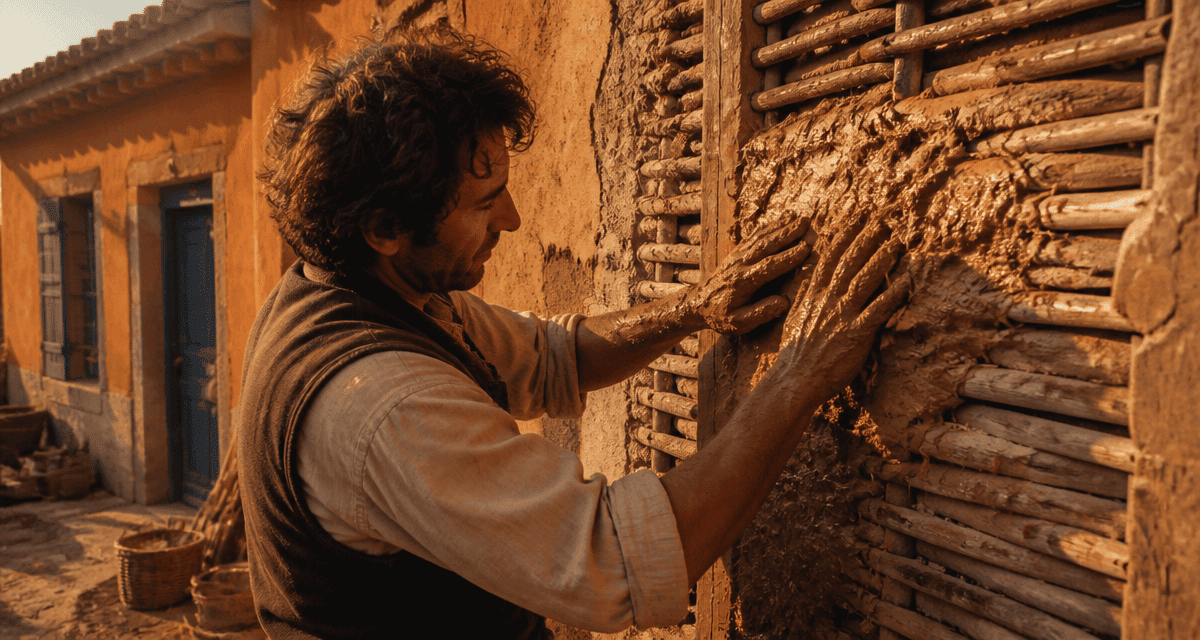 Artisan appliquant du torchis sur mur en torchis