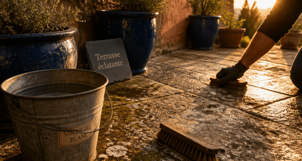 Nettoyage dalle terrasse vinaigre blanc avec brosse et seau