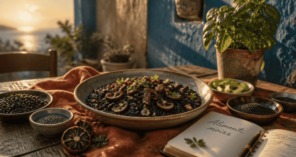 Plat d'aliment noir risotto et bols sur table