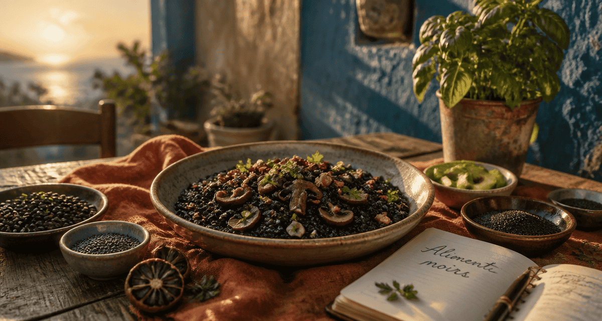 Plat d'aliment noir risotto et bols sur table