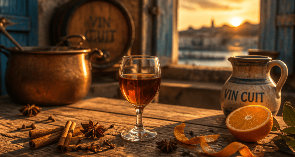 Verre de vin cuit apéritif français sur table bois avec épices