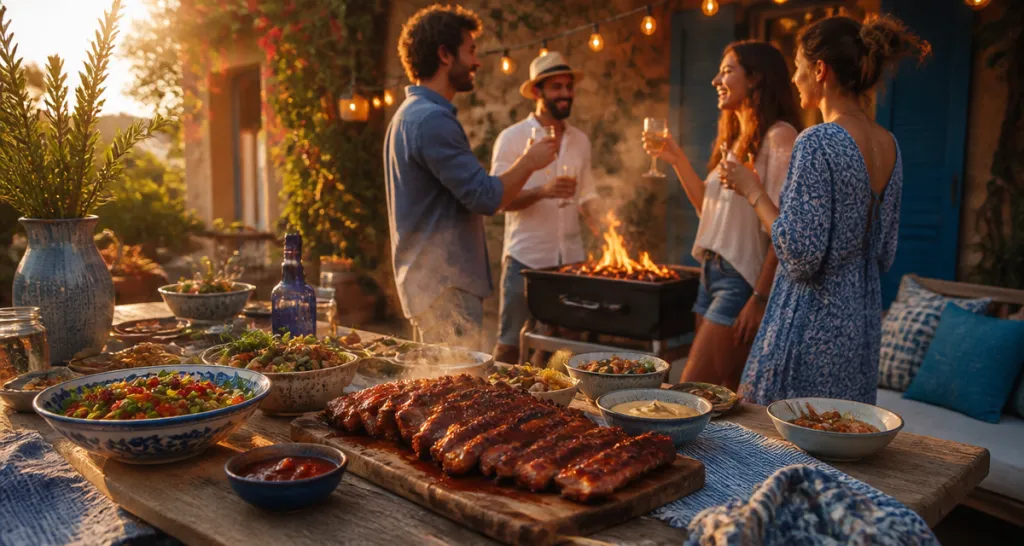 Barbecue entre amis autour d'une grande table en été