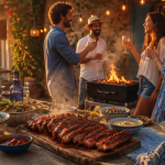 Barbecue entre amis autour d'une grande table en été