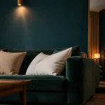 Salon moderne en bleu canard fonce, velours et laiton brossé