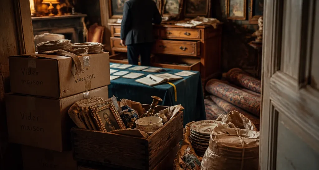 Brocanteur vide maison inspecte objets anciens dans une maison