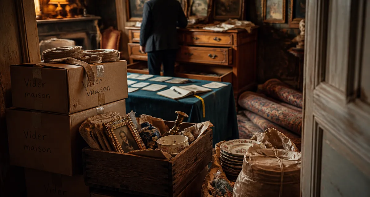 Brocanteur vide maison inspecte objets anciens dans une maison