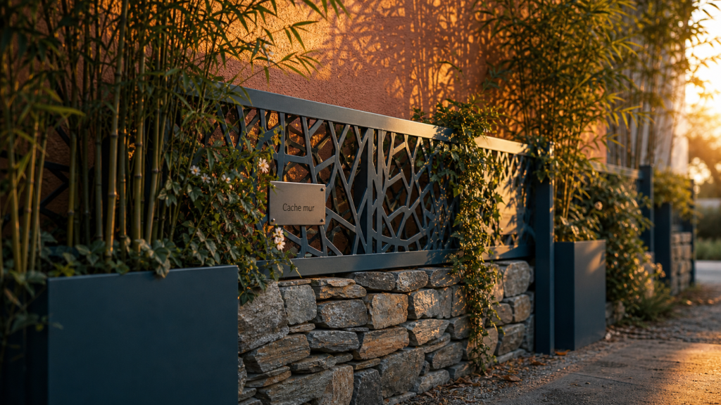 Cache mur extérieur avec treillis métallique et jardinières à plantes pour paroi disgracieuse