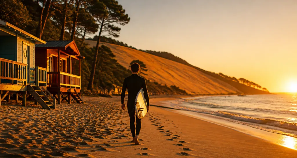 Surfeur plage côte atlantique française au coucher de soleil