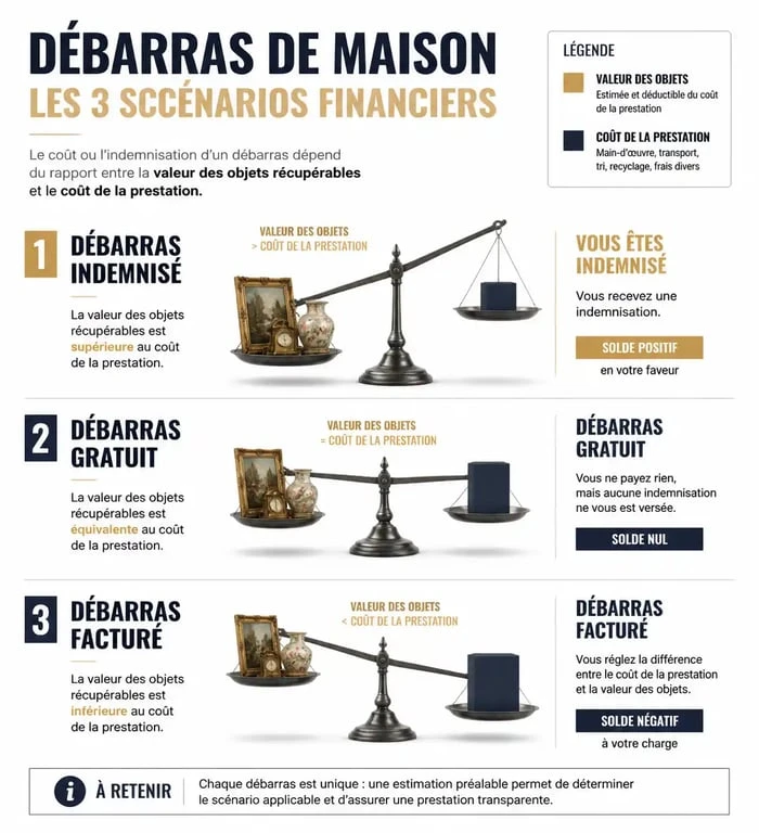 Infographie des trois scénarios financiers pour un service de brocanteur vide maison