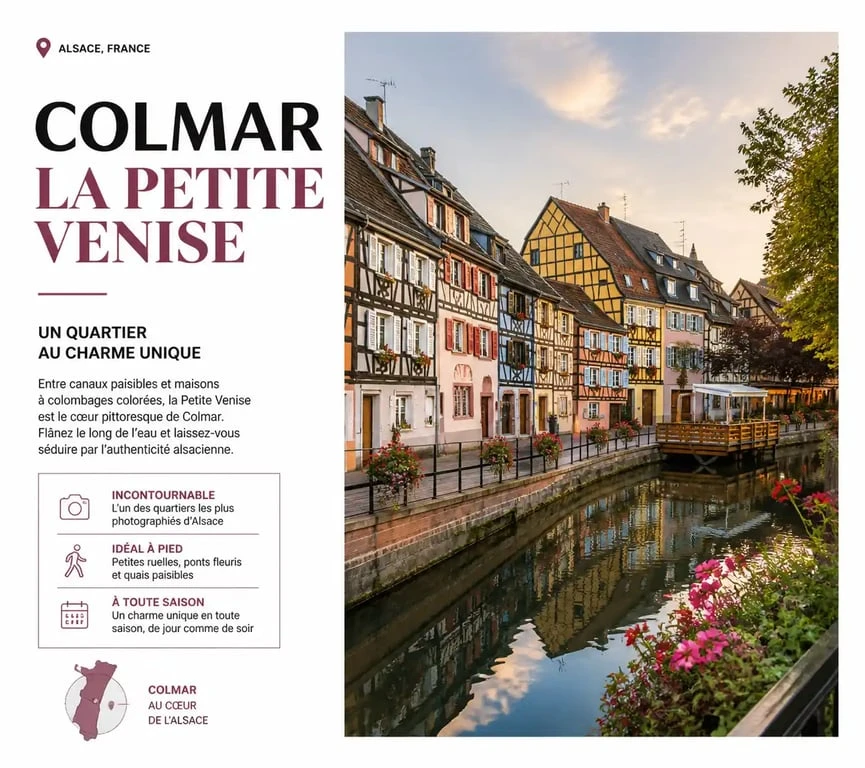 Vue pittoresque des maisons à colombages de la Petite Venise à Colmar, idéale pour un séjour dans un hôtel pas cher à Colmar.