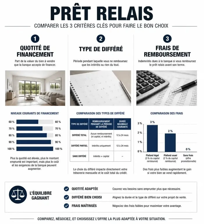 Infographie comparative des critères pour choisir la meilleure banque pour un prêt relais