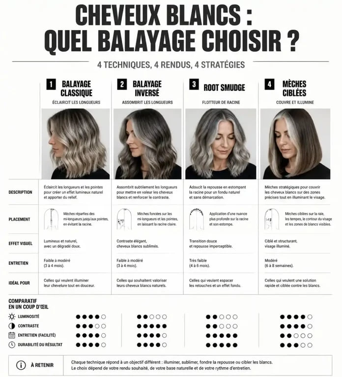 Infographie comparative des différentes techniques de balayage pour cheveux blancs pour sublimer sa chevelure.