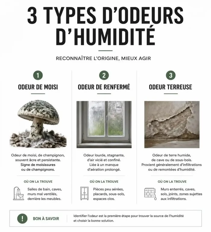 Infographie des causes des odeurs d'humidité dans la maison
