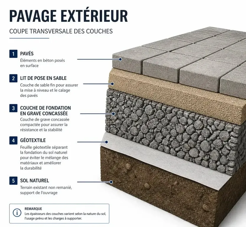 Schéma technique des couches de pose pour un pavage extérieur durable