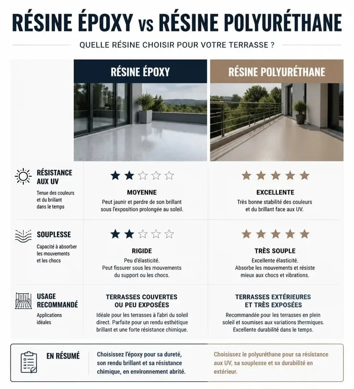 Tableau comparatif des avantages et inconvénients de la terrasse en résine époxy et polyuréthane