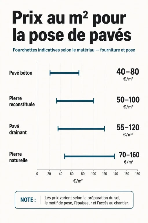 Infographie comparative des prix de pose de pavés au m2 selon le matériau