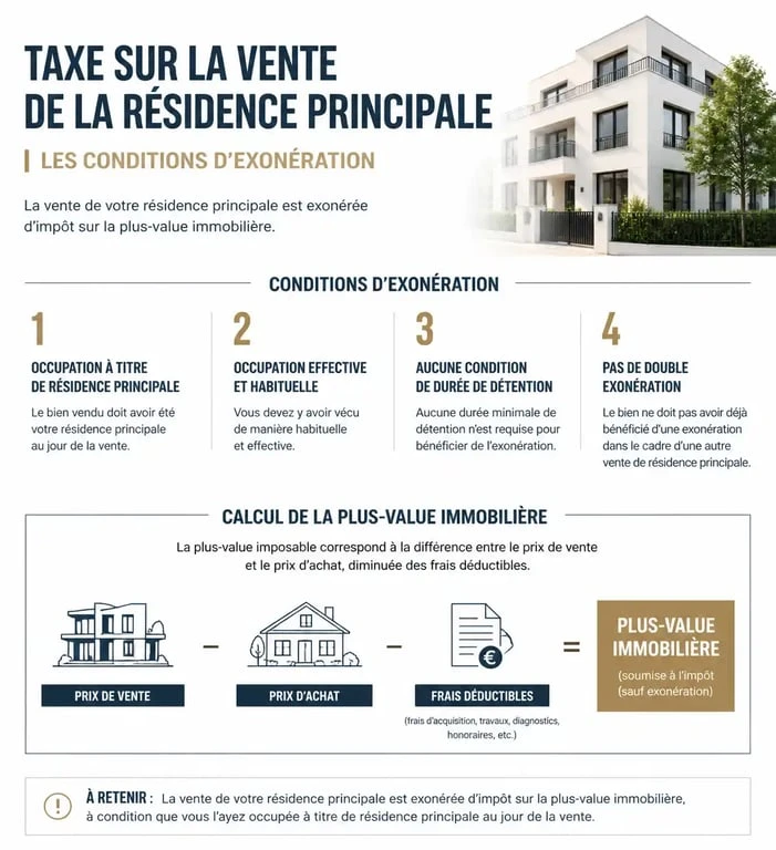 Schéma des conditions d'exonération et calcul de la taxe sur la vente de la résidence principale