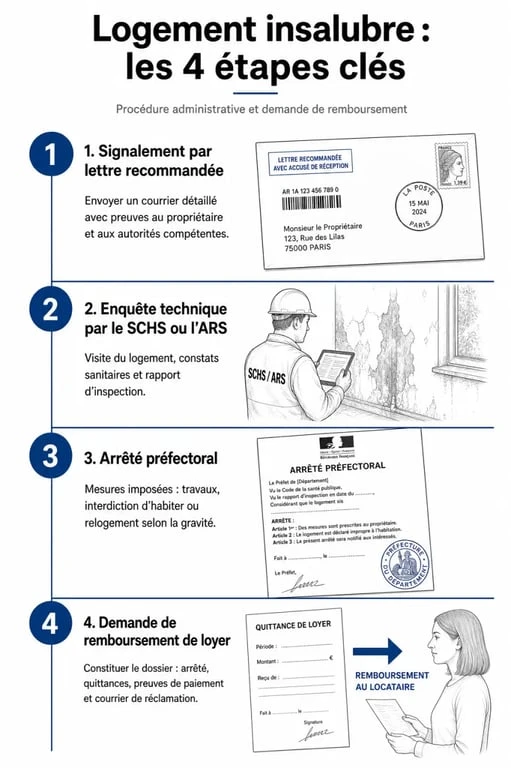 Infographie des étapes de la procédure pour obtenir le remboursement de loyer en cas de logement insalubre
