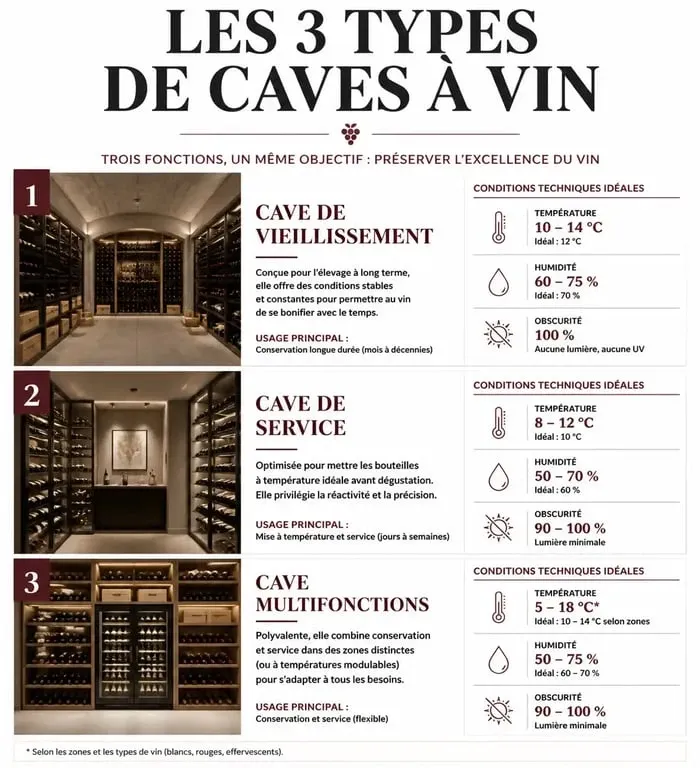 Infographie comparative pour choisir sa cave à vin : types de caves et critères de conservation
