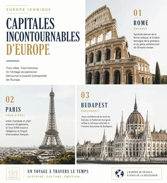 Les plus belles capitales d'Europe : collage des monuments emblématiques de Rome, Paris et Budapest.