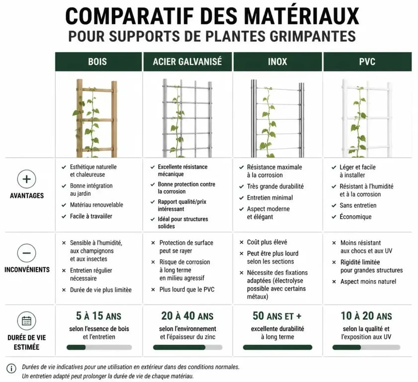 Infographie comparative des matériaux pour support plante grimpante : bois, acier, inox et PVC