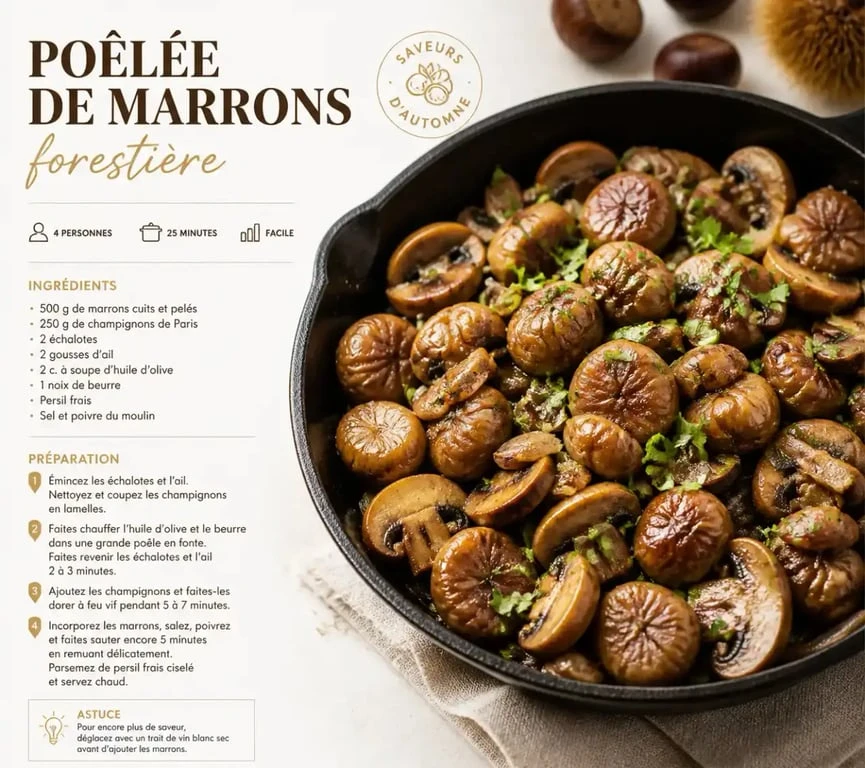 Poêlée de marrons forestière aux champignons et persil, une recette de marron savoureuse et automnale.