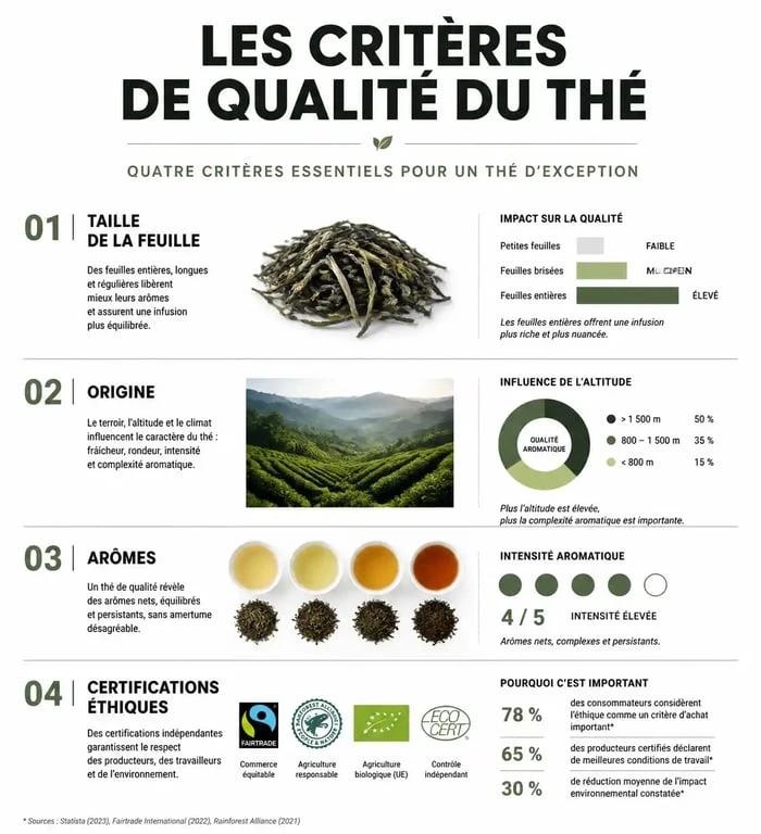 Infographie des critères de qualité pour choisir la meilleure marque de thé
