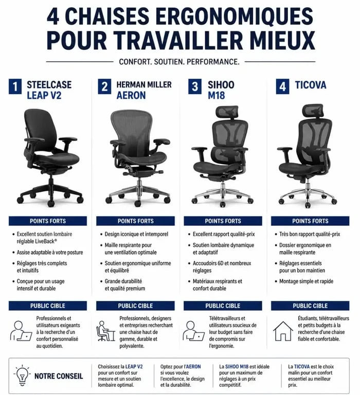 Comparatif des meilleures chaises ergonomiques : Steelcase, Herman Miller, SIHOO et Ticova pour un confort optimal au bureau.