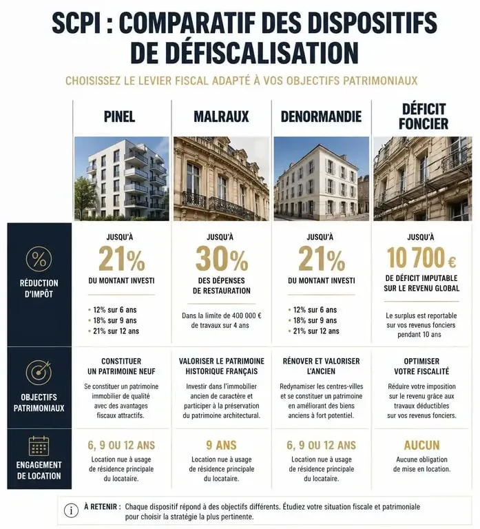 Infographie comparative des dispositifs de défiscalisation en SCPI pour optimiser sa fiscalité
