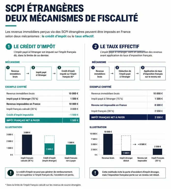 Schéma explicatif des mécanismes de fiscalité des SCPI étrangères : crédit d'impôt et taux effectif pour la déclaration fiscale.