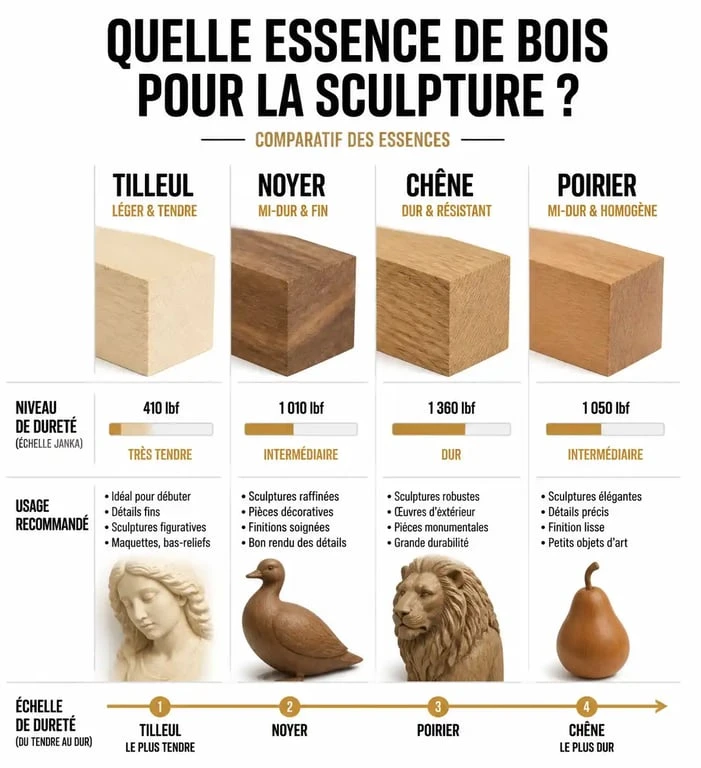 Infographie comparative des essences de bois pour la sculpture sur bois
