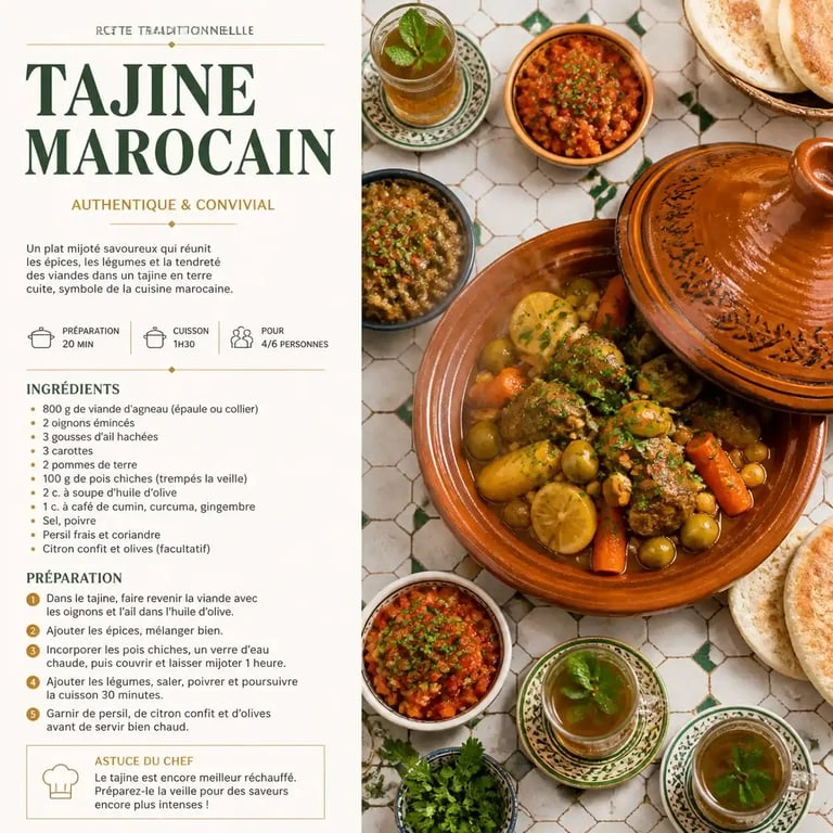 Table marocaine traditionnelle avec un tajine et ses accompagnements variés
