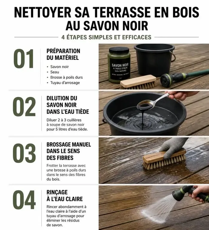 Infographie des étapes de nettoyage d'une terrasse en bois au savon noir