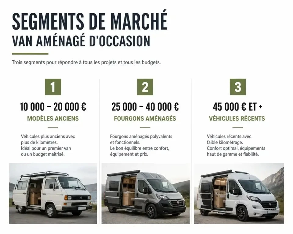 Infographie comparative des prix et types de van aménagé occasion pas cher pour aider à choisir son véhicule.