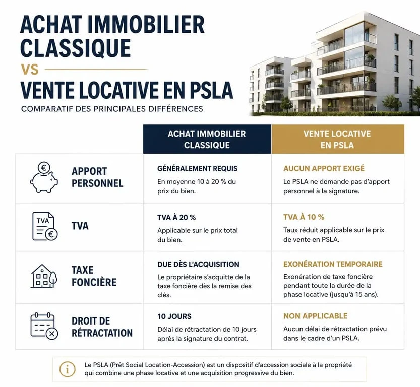 Infographie comparative entre l'achat classique et la vente locative PSLA pour comprendre les avantages de la vente locative.